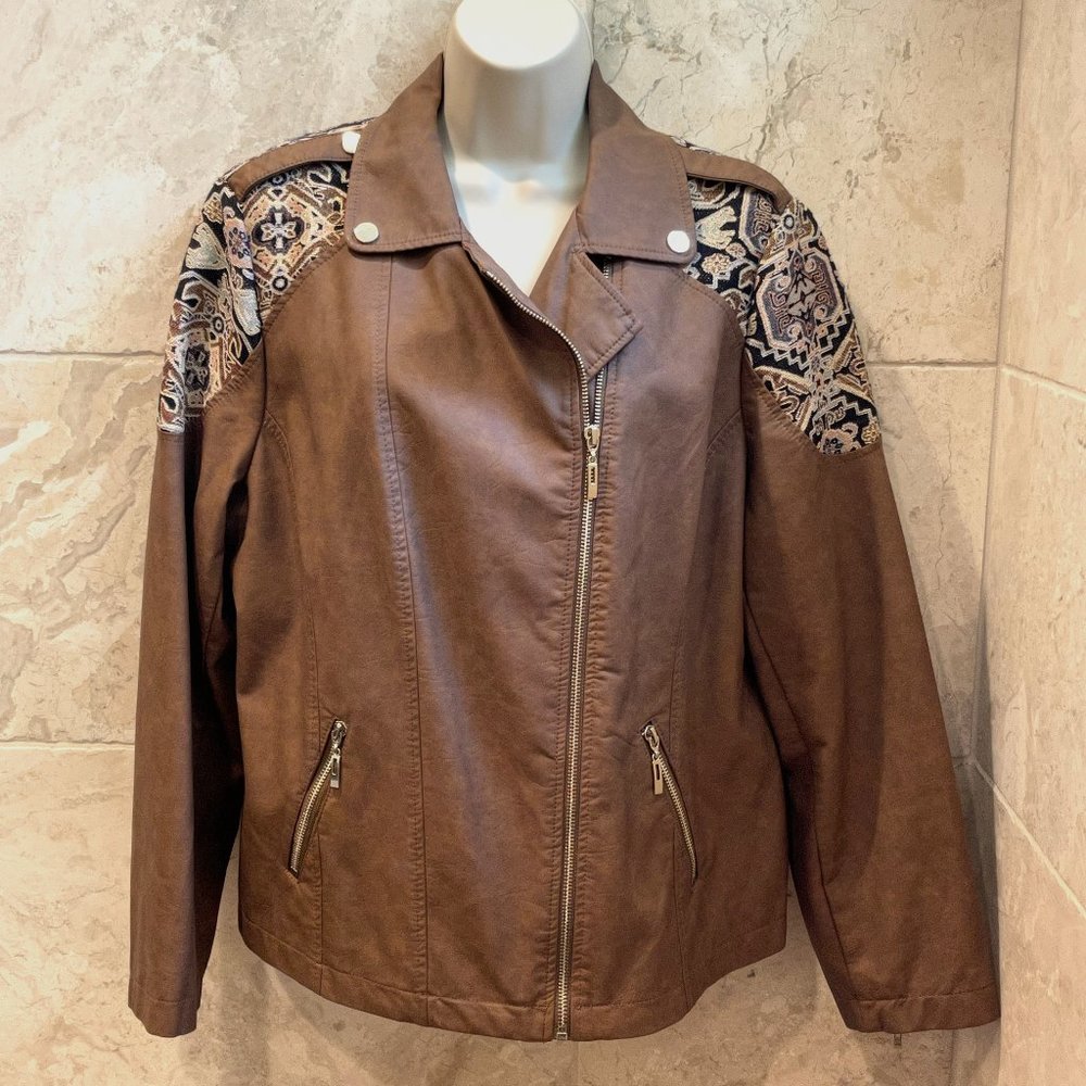 Chico's Faux Leather & Tapestry Moto Jacket